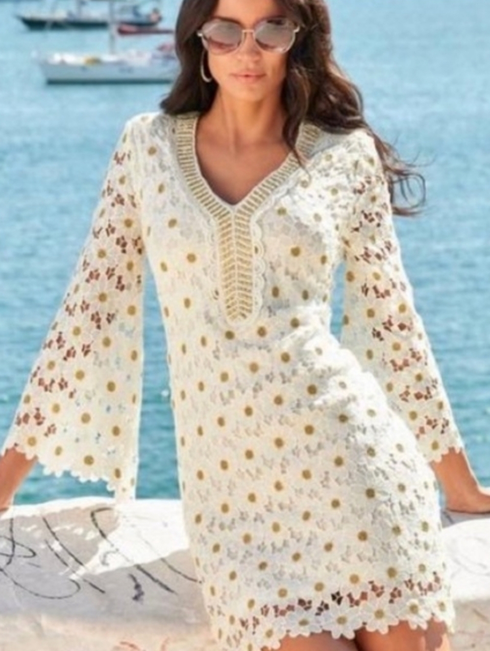 NWT Boston Proper White Gold Daisy Lace Tunic Dress Resortwear Vacation Cruise S